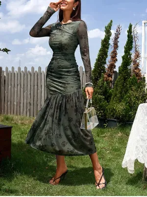 O-Neck Mesh Double Layer Ruched Dress