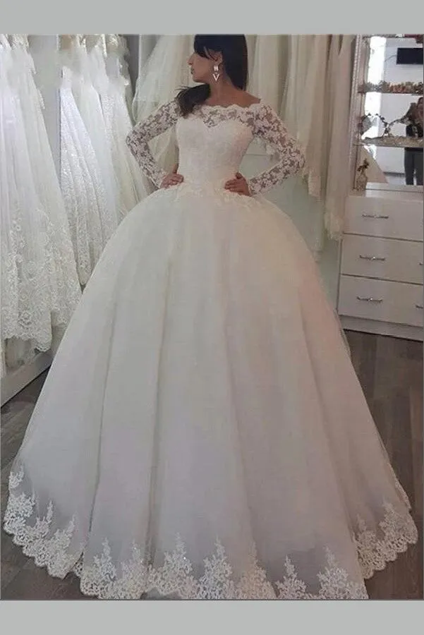 Off-the-shoulder Lace Bridal Dress with Long Sleeves vestido de novia