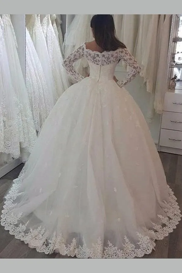 Off-the-shoulder Lace Bridal Dress with Long Sleeves vestido de novia