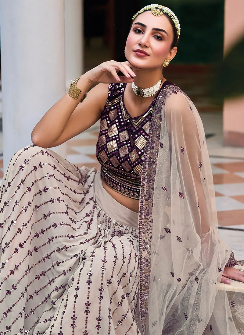 Off White And Purple Sequence Embroidery Festive Lehenga Choli