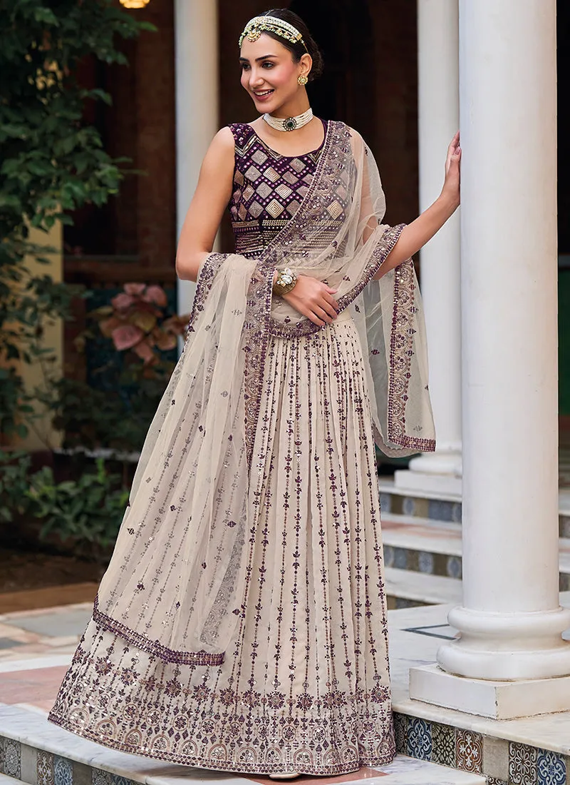 Off White And Purple Sequence Embroidery Festive Lehenga Choli