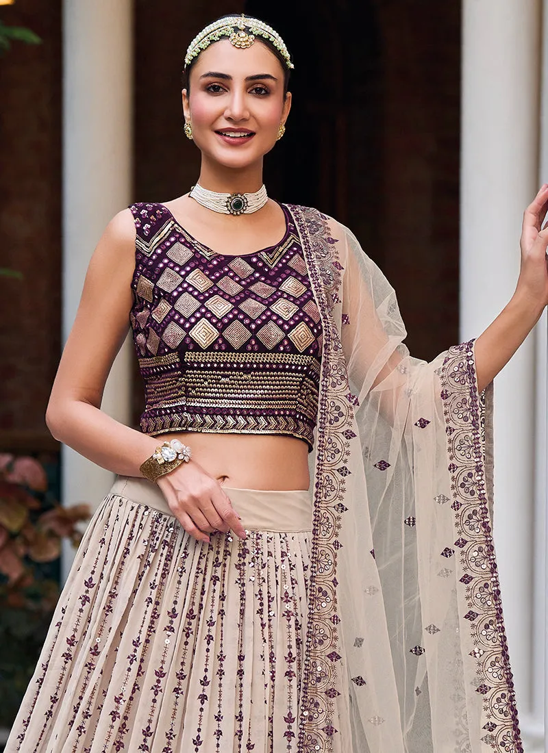 Off White And Purple Sequence Embroidery Festive Lehenga Choli