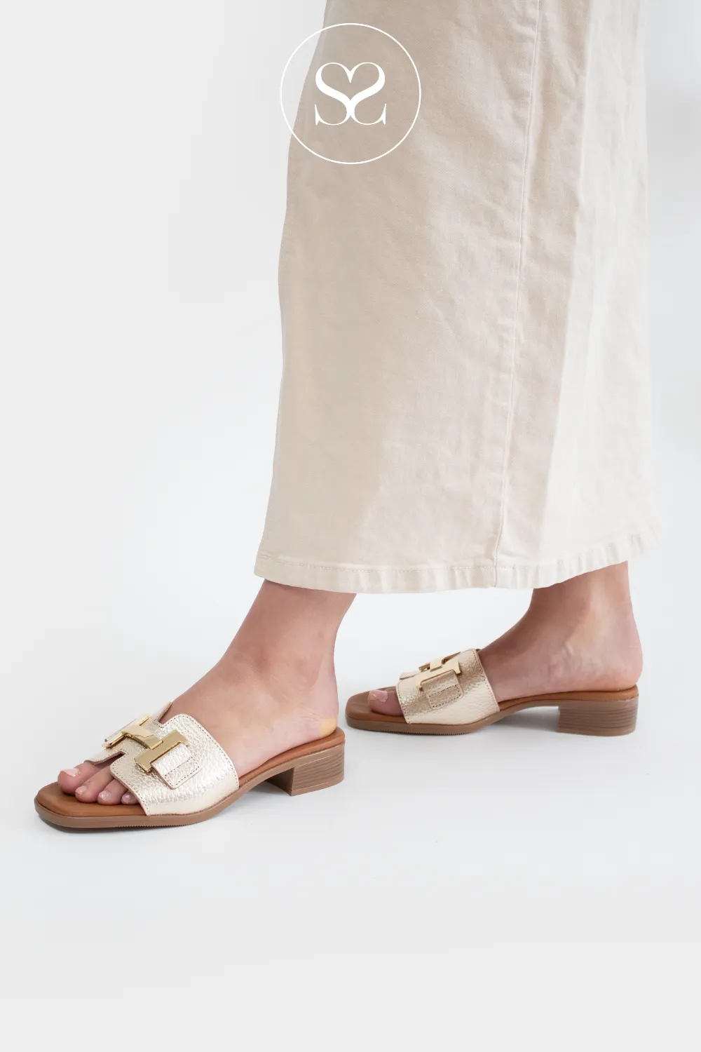 OH MY SANDALS 5605 GOLD LEATHER HEELED SLIDER SANDALS