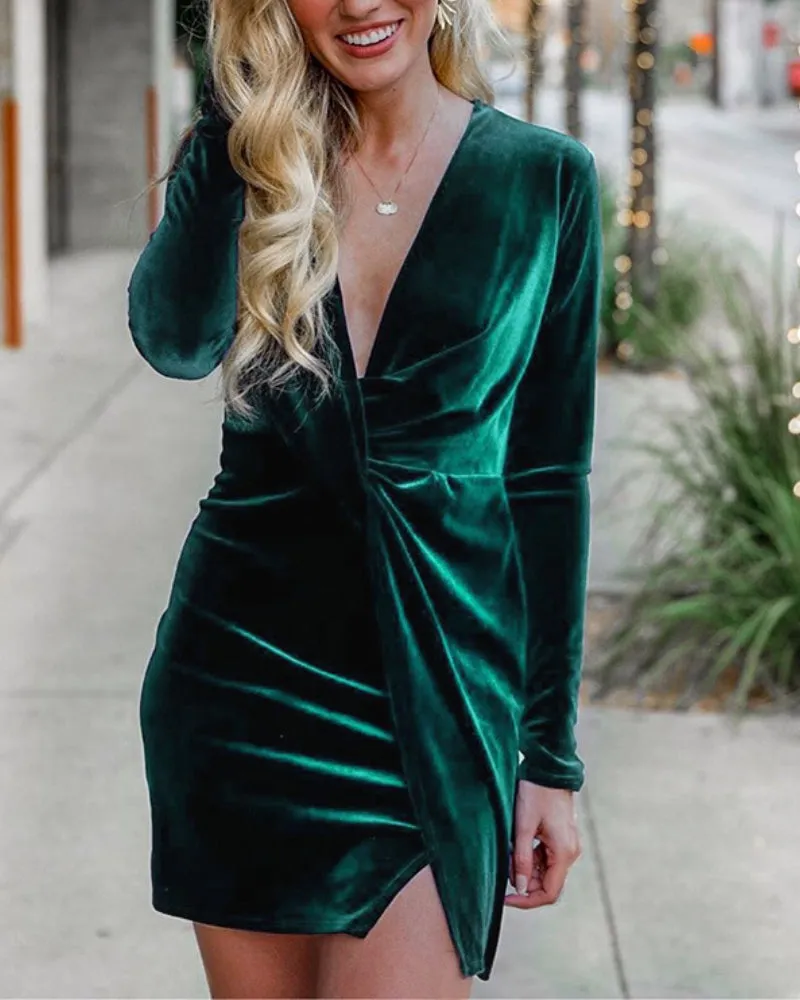 Party V-neck Velvet Elastic Waist Mini Dresses