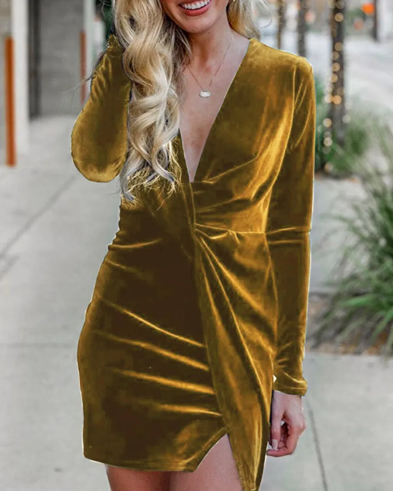 Party V-neck Velvet Elastic Waist Mini Dresses