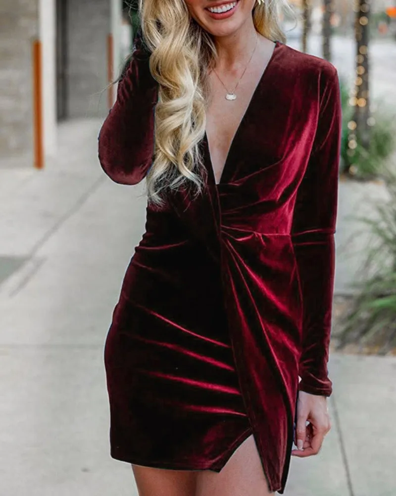 Party V-neck Velvet Elastic Waist Mini Dresses