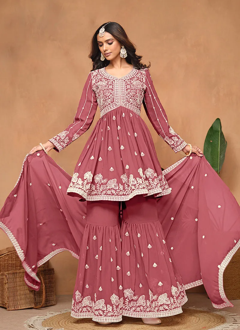 Peach Thread Embroidery Georgette Gharara Suit