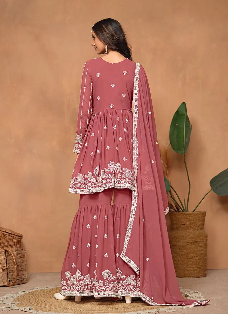 Peach Thread Embroidery Georgette Gharara Suit