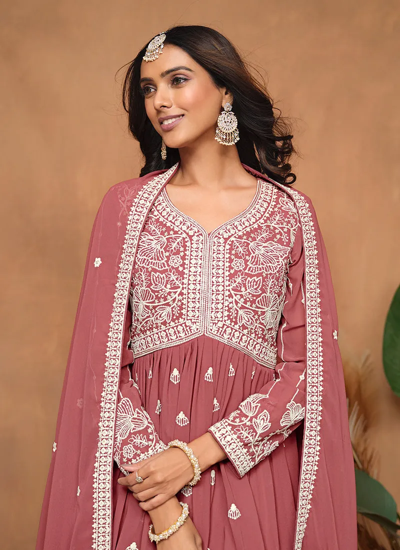 Peach Thread Embroidery Georgette Gharara Suit