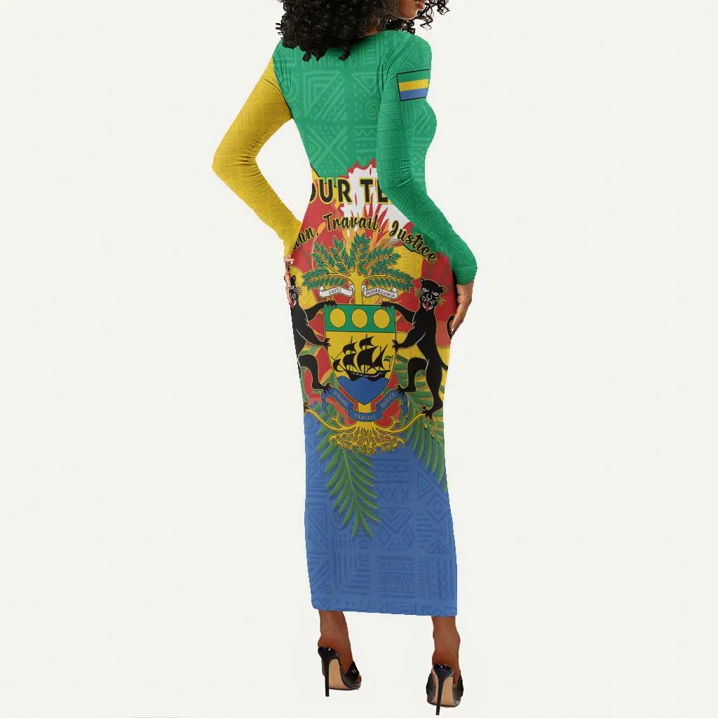 Personalised Afro Gabon Long Sleeve Bodycon Dress Gabonese Union Travail and Justice LT15