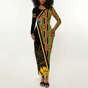 Personalised South African Heritage Day Long Sleeve Bodycon Dress Kente Ethnic Patterns Mix Protea LT7