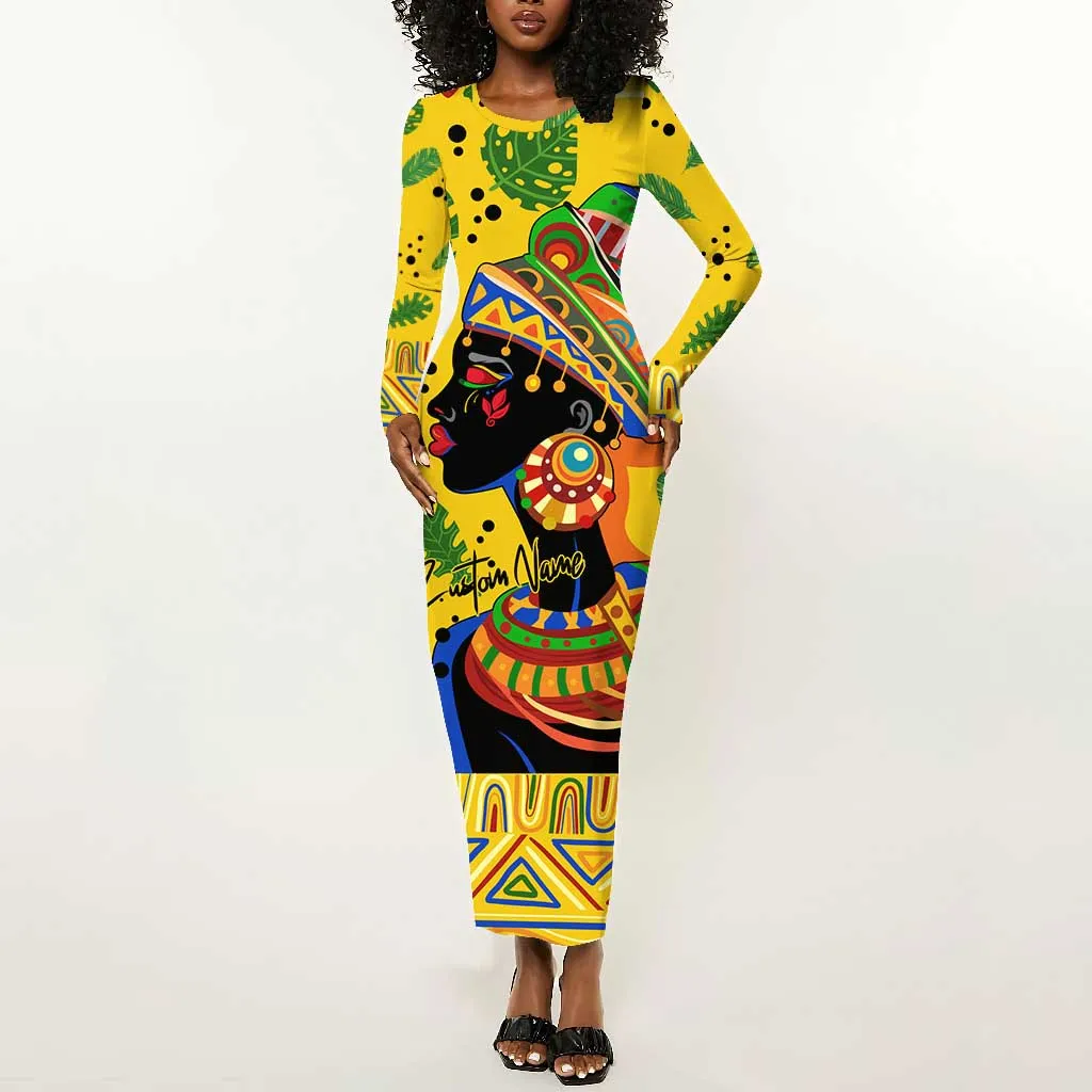 Personalized African Woman Long Sleeve Bodycon Dress Tropical Style DT02