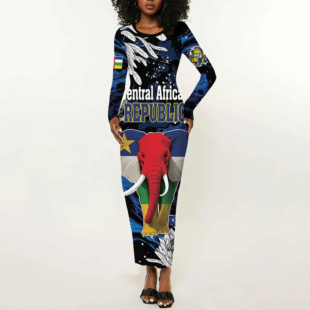Personalized Central African Republic Long Sleeve Bodycon Dress Elephant With King Protea LT18