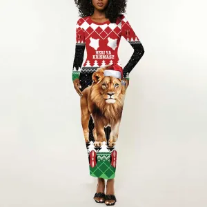 Personalized Kenya Christmas Long Sleeve Bodycon Dress Lion Santa - Heri Ya Krismasi! LT14