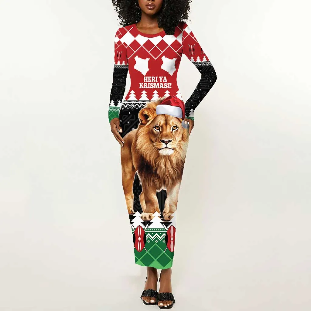Personalized Kenya Christmas Long Sleeve Bodycon Dress Lion Santa - Heri Ya Krismasi! LT14