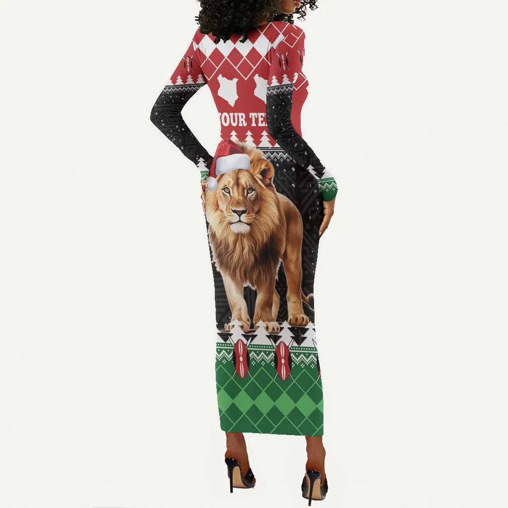 Personalized Kenya Christmas Long Sleeve Bodycon Dress Lion Santa - Heri Ya Krismasi! LT14