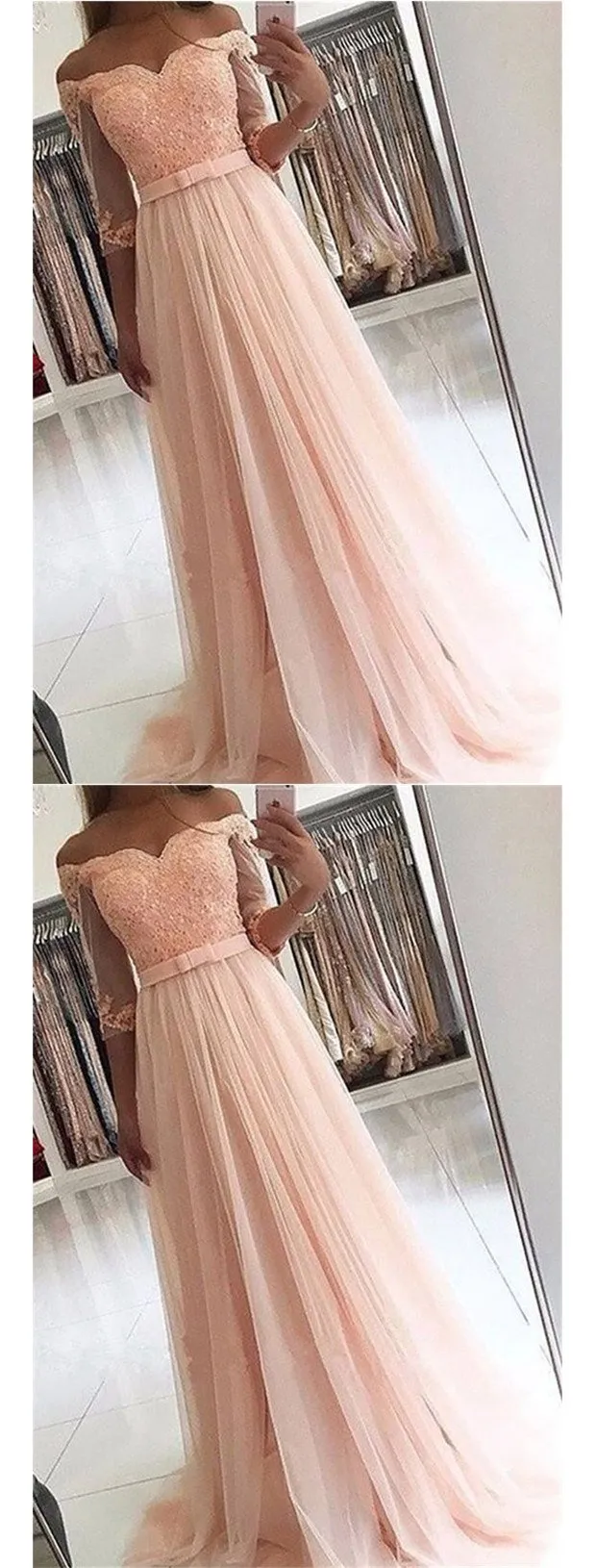 Pink A-line Off Shoulder 3/4 Sleeves Cheap Prom Dresses Online, Evening Dresses,12467