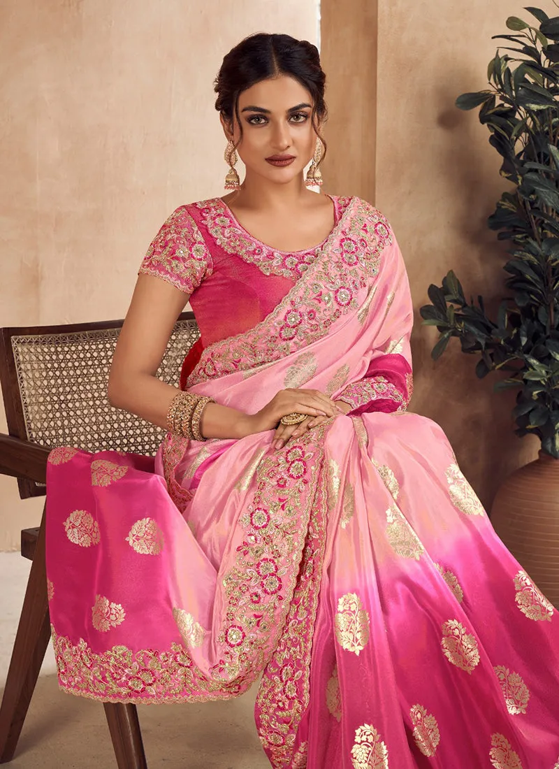 Pink Shaded Embroidery Wedding Saree