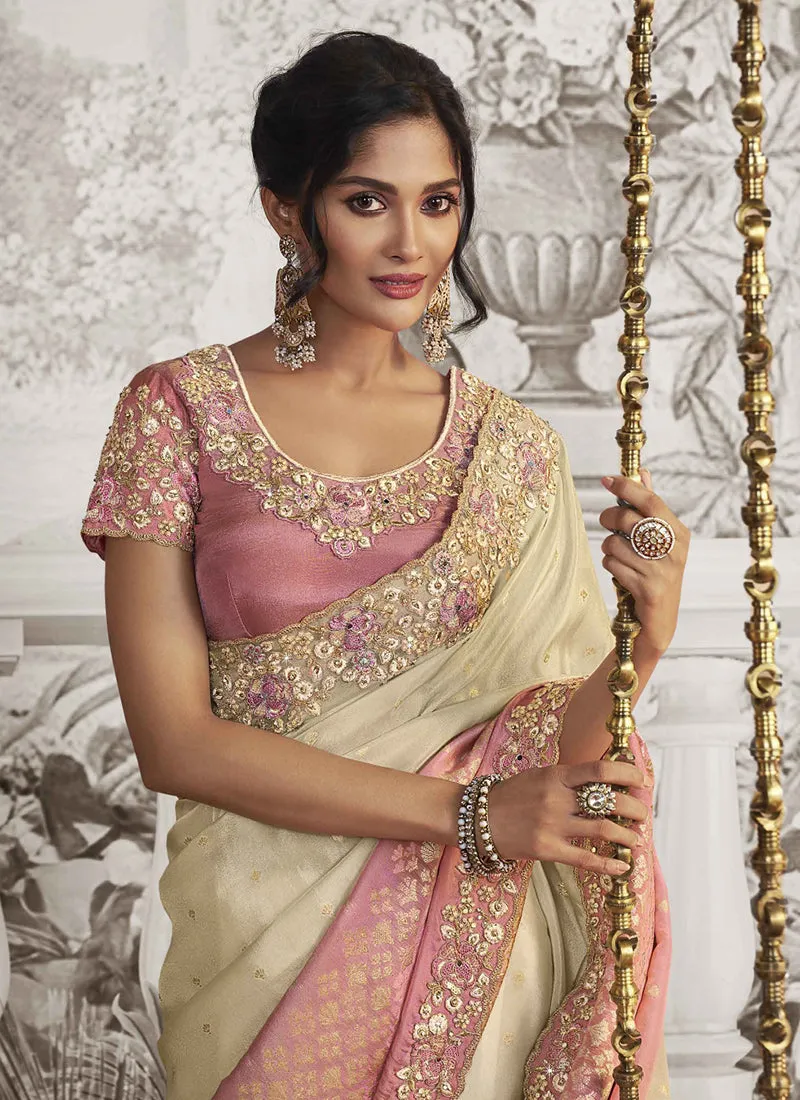 Pinkish Cream Multi Sequence Embroidery Wedding Saree