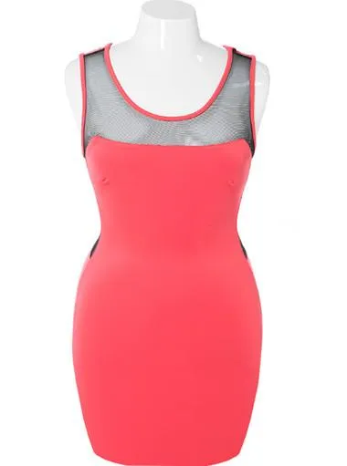 Plus Size Bodycon Scuba Mesh Coral Dress