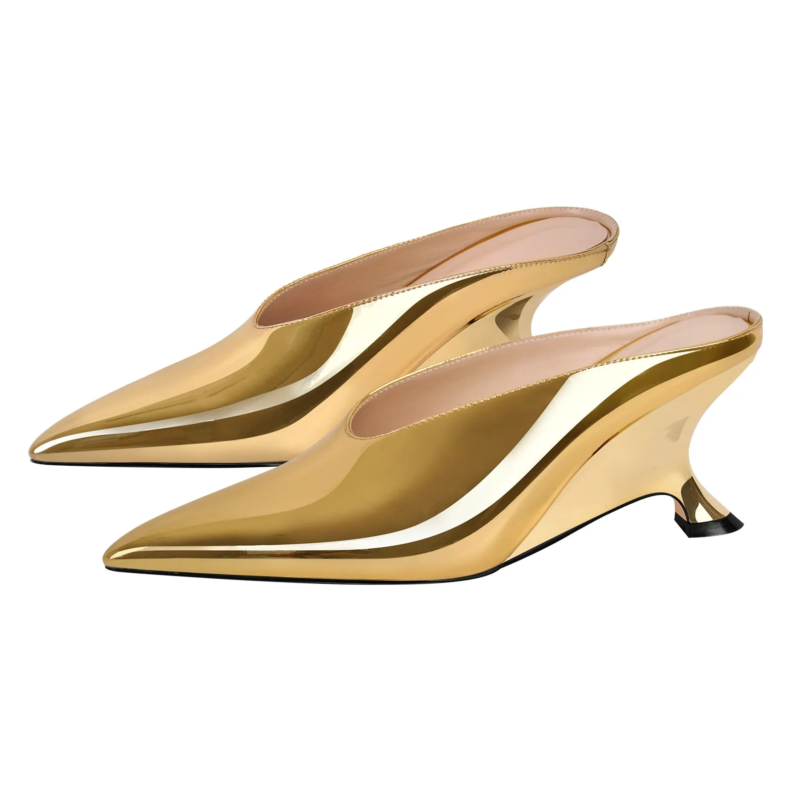 Pointed Toe Patent Leather Wedge Heel Mule Pumps