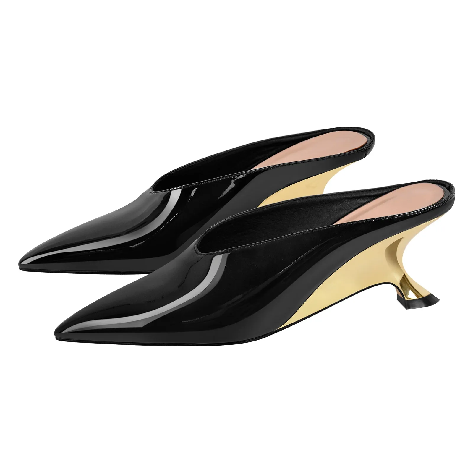 Pointed Toe Patent Leather Wedge Heel Mule Pumps
