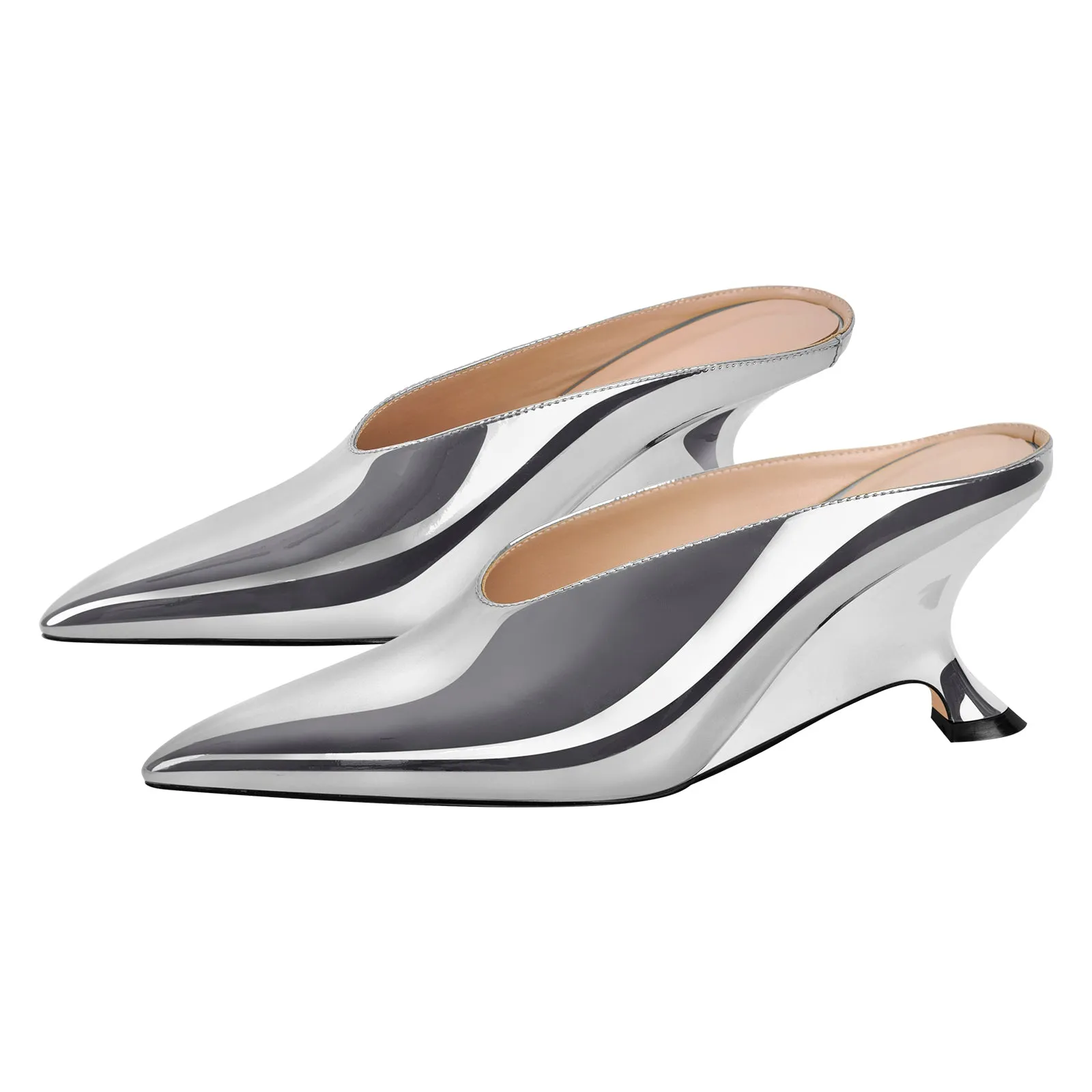 Pointed Toe Patent Leather Wedge Heel Mule Pumps