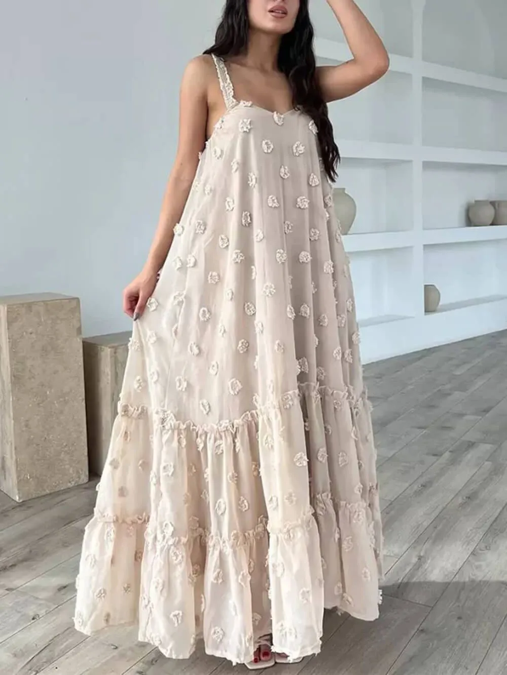 Pretty Flower Decor A-Line Graceful Layered Loose Maxi Dress
