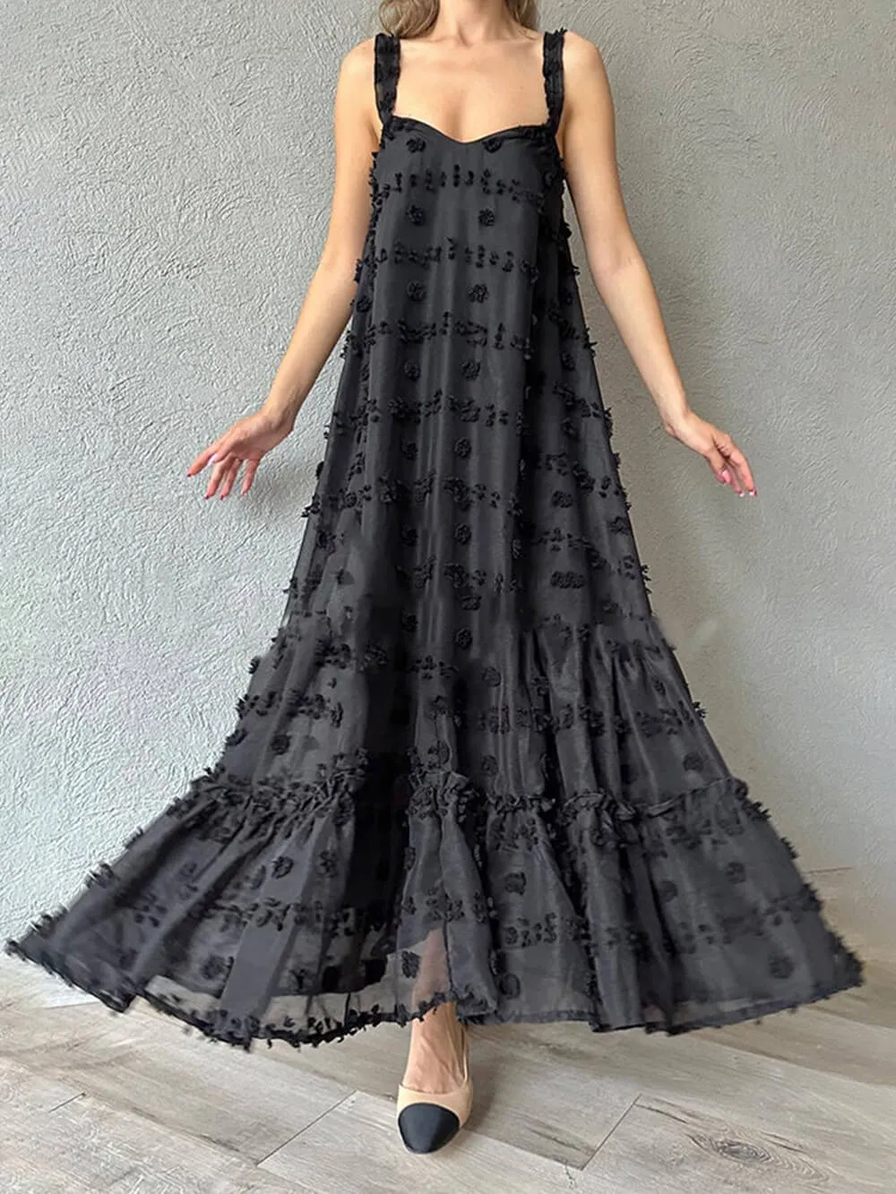 Pretty Flower Decor A-Line Graceful Layered Loose Maxi Dress