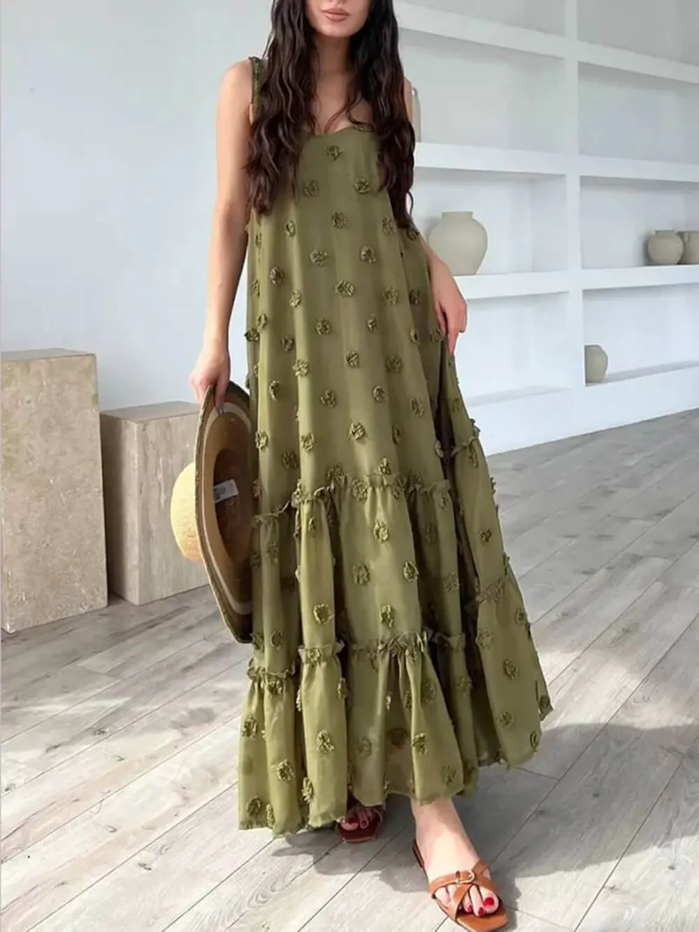 Pretty Flower Decor A-Line Graceful Layered Loose Maxi Dress