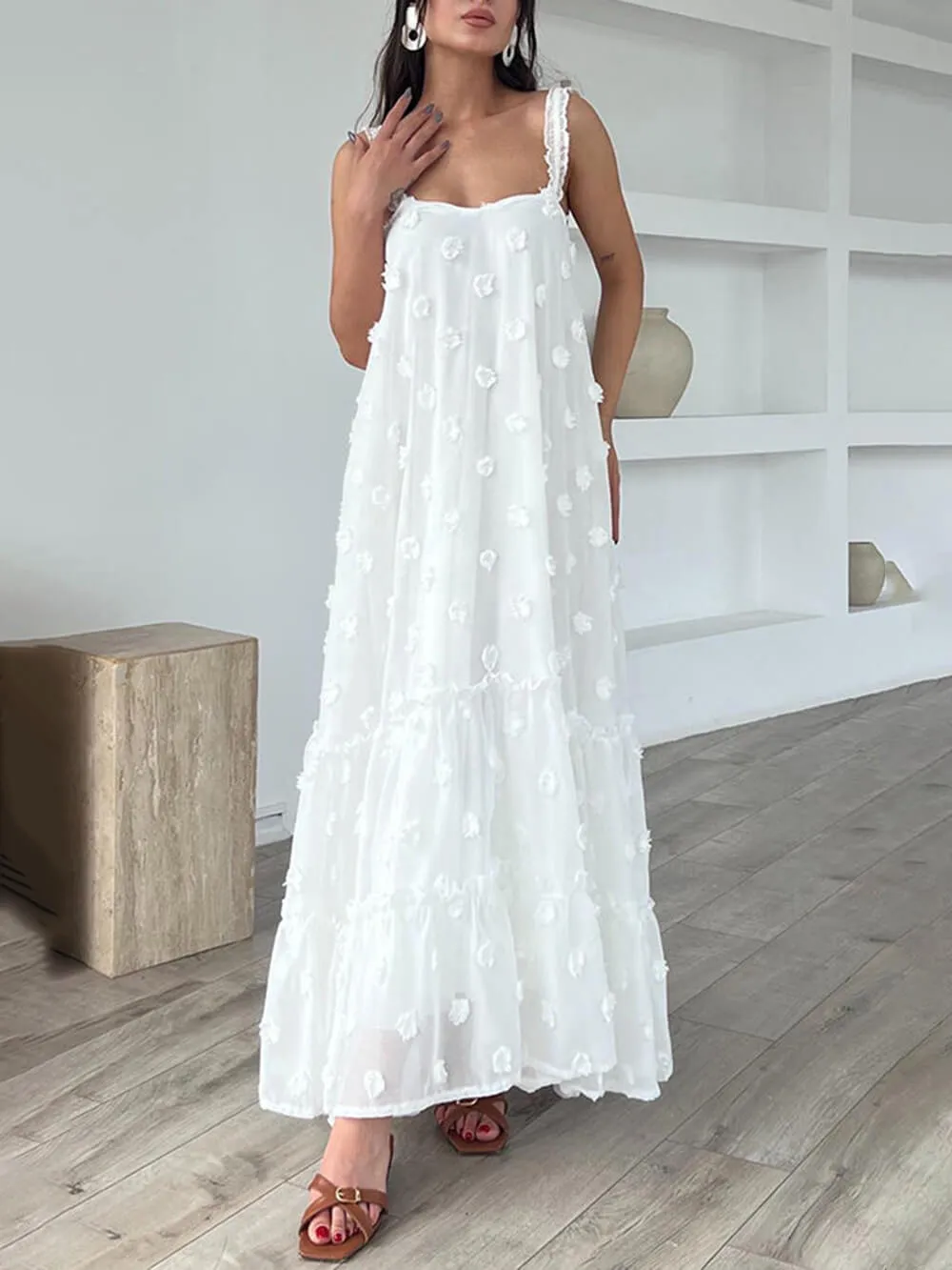 Pretty Flower Decor A-Line Graceful Layered Loose Maxi Dress