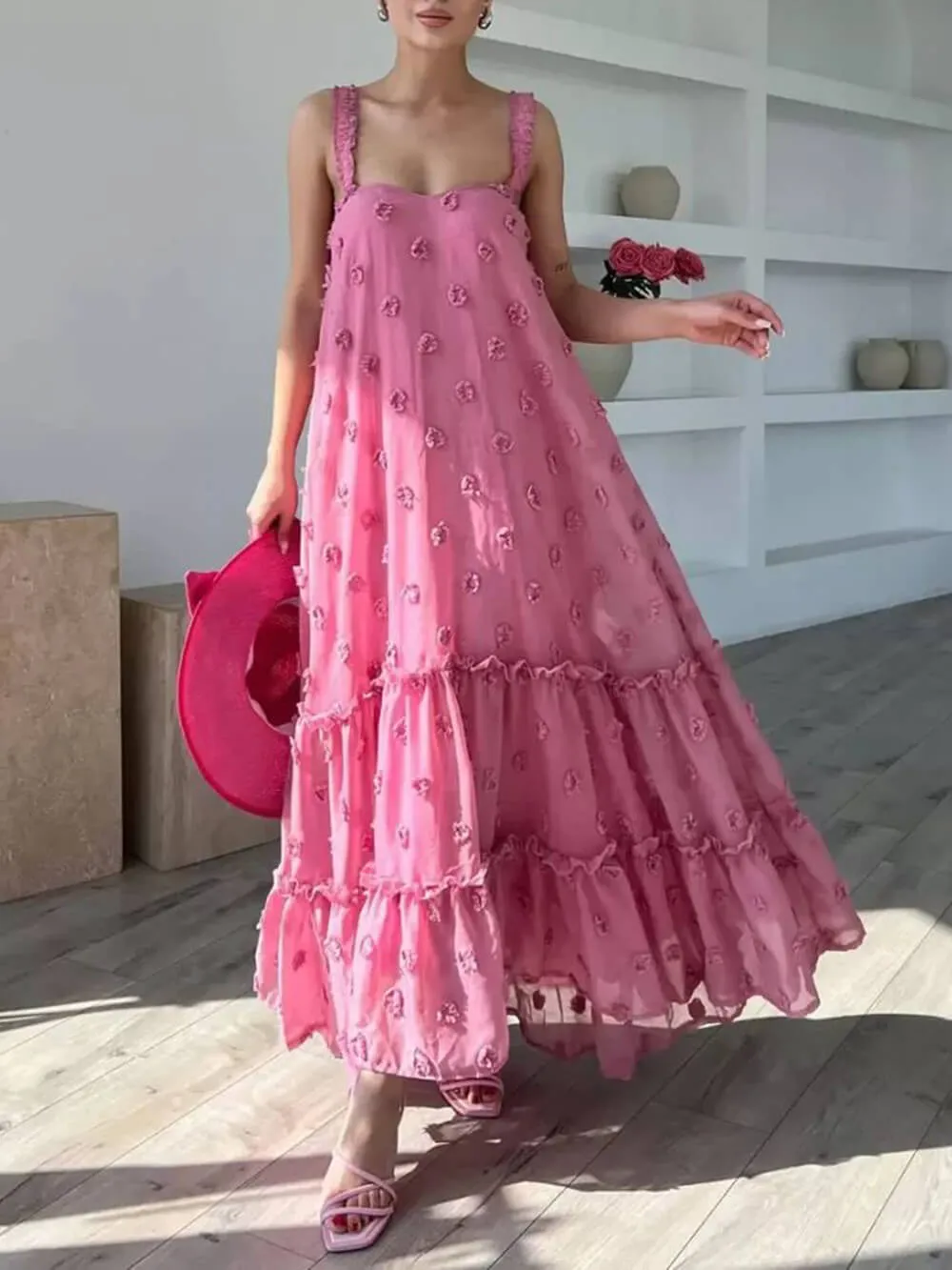 Pretty Flower Decor A-Line Graceful Layered Loose Maxi Dress