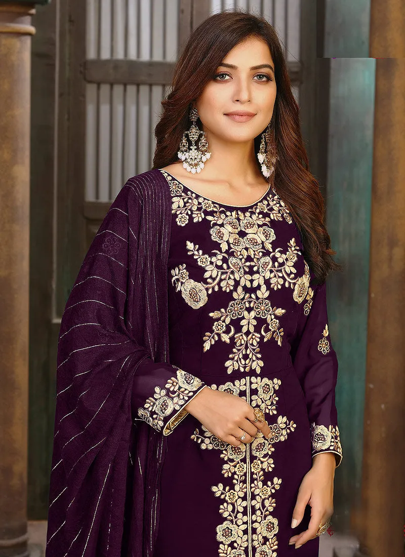 Purple Embroidery Party Wear Pant Style Suit