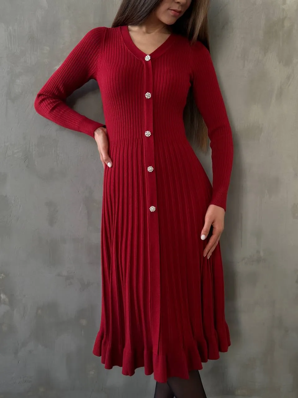 Ribbed Knit Button-Up Midi Dress