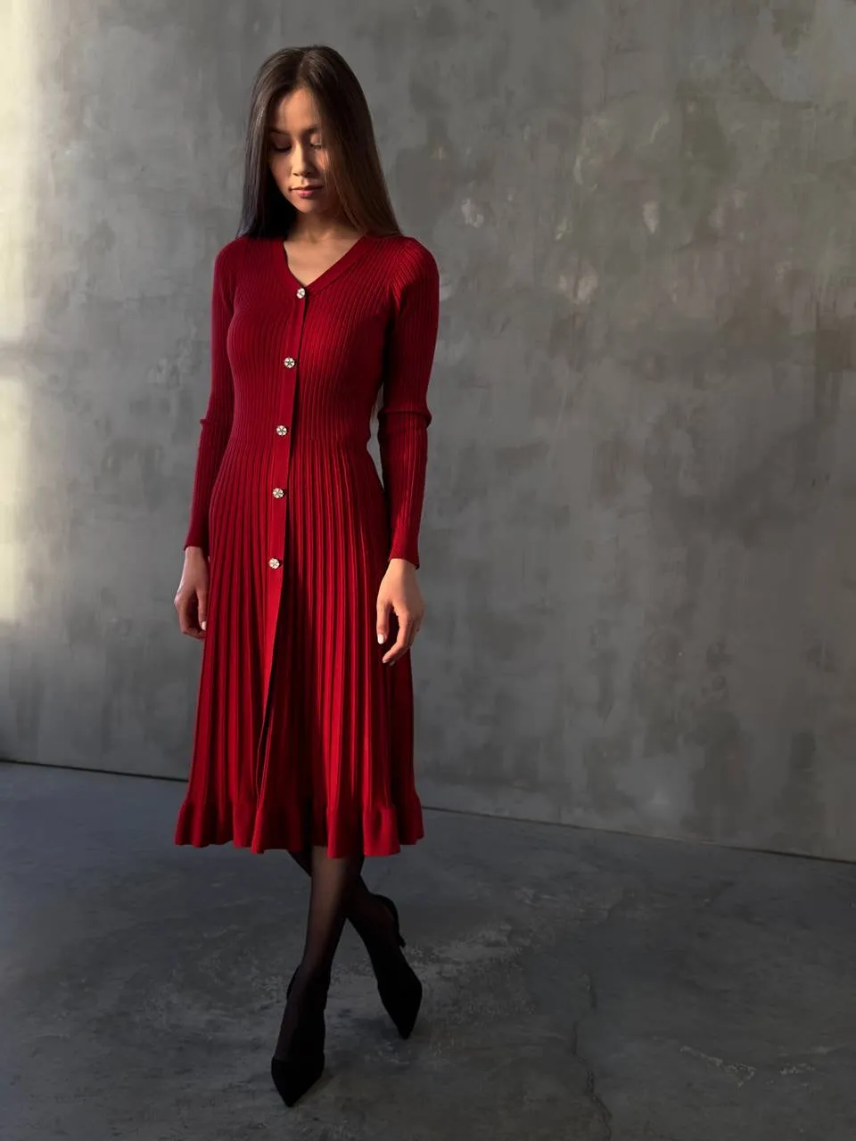 Ribbed Knit Button-Up Midi Dress