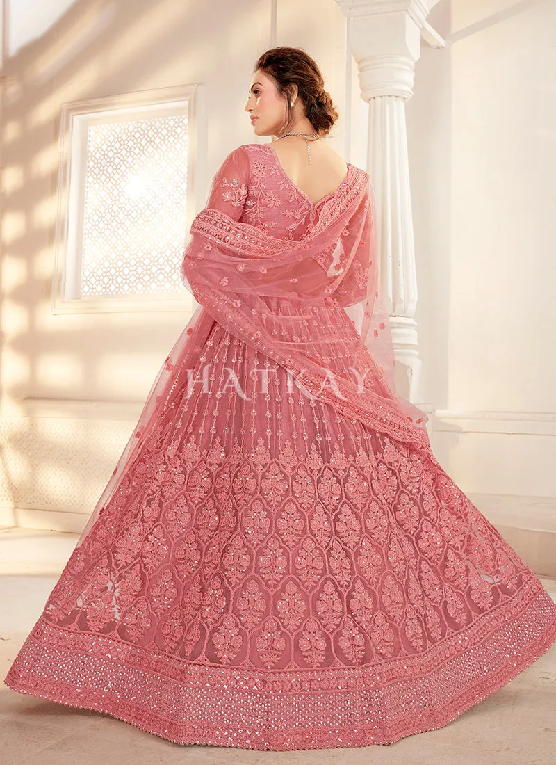 Rose Pink Embroidered Wedding Style Net Lehenga Choli