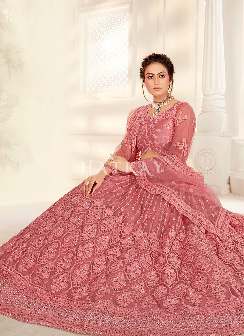 Rose Pink Embroidered Wedding Style Net Lehenga Choli