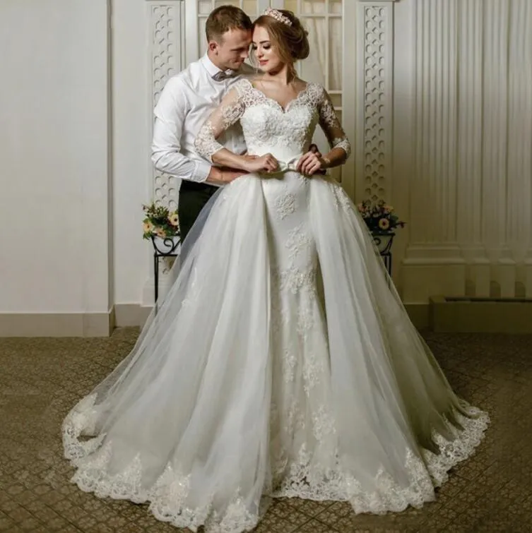 Roycebridal Wedding Dresses V Neck sheer illusion 3/4 Long Sleeves