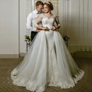 Roycebridal Wedding Dresses V Neck sheer illusion 3/4 Long Sleeves