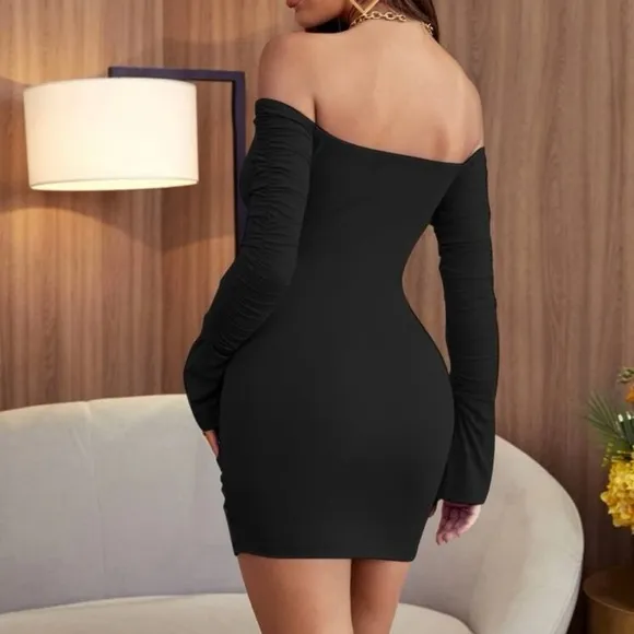 Ruched dress bodycon sexy off shoulder mini womens black dresses