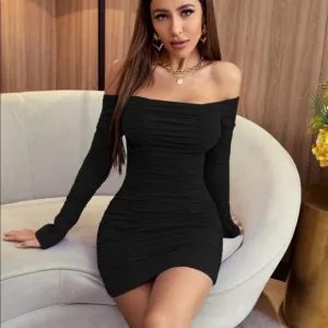 Ruched dress bodycon sexy off shoulder mini womens black dresses