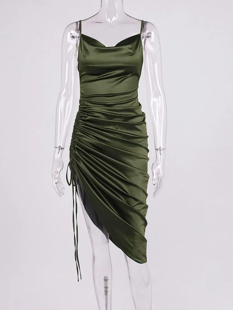Ruched Satin Drawstring Spaghetti Straps Backless Long Dress