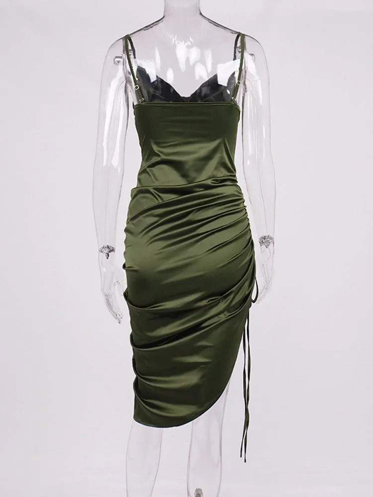 Ruched Satin Drawstring Spaghetti Straps Backless Long Dress