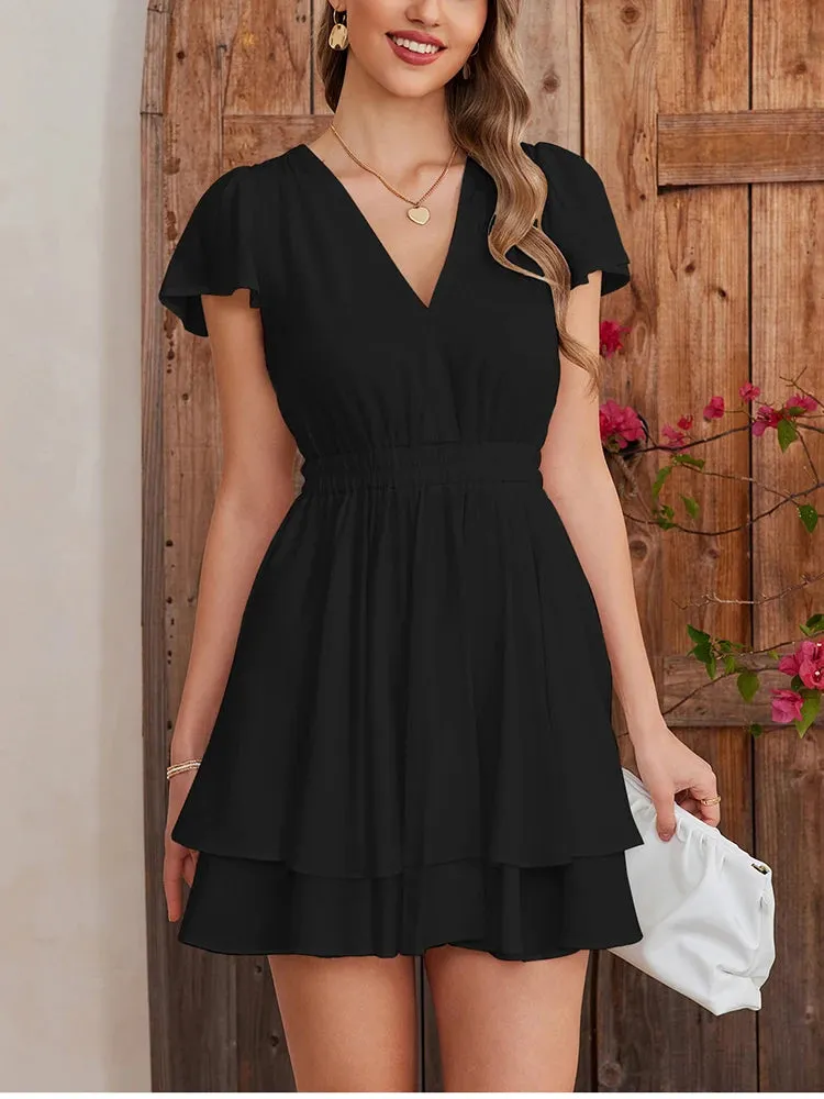 Ruffle Swing Short Sleeve V-Neck Dress