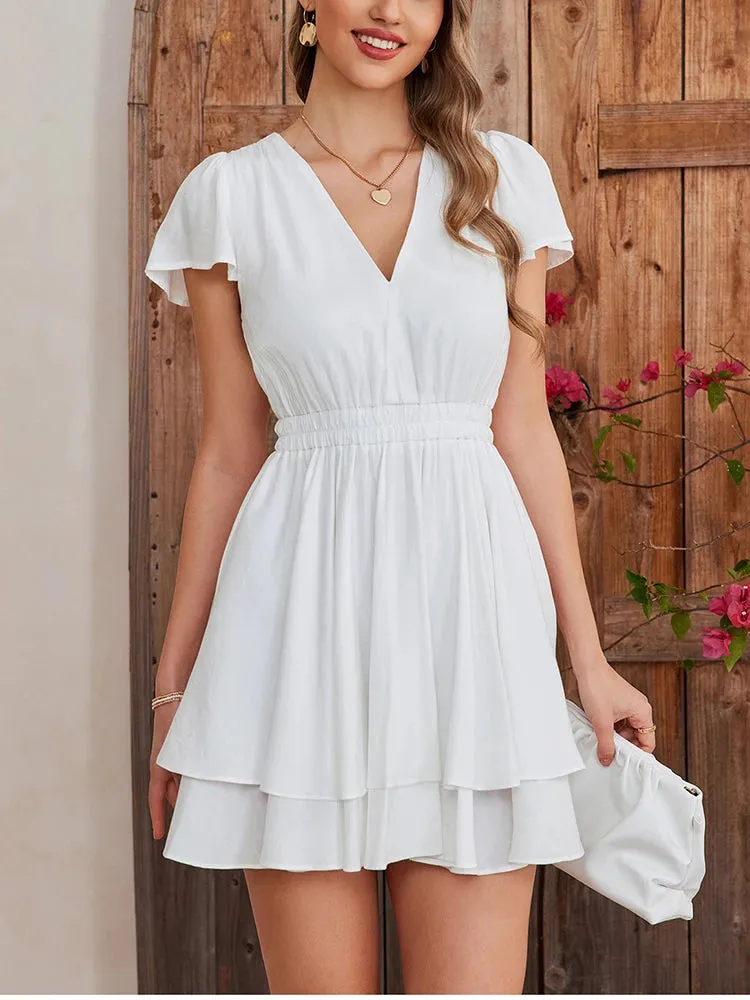 Ruffle Swing Short Sleeve V-Neck Dress