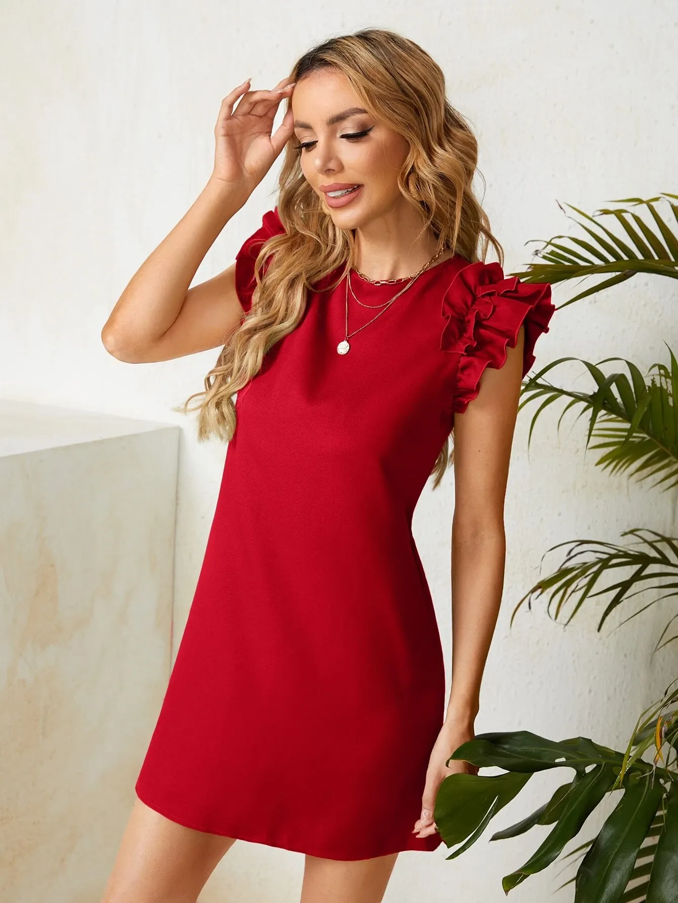 Ruffle Trim Solid Tunic Dress
