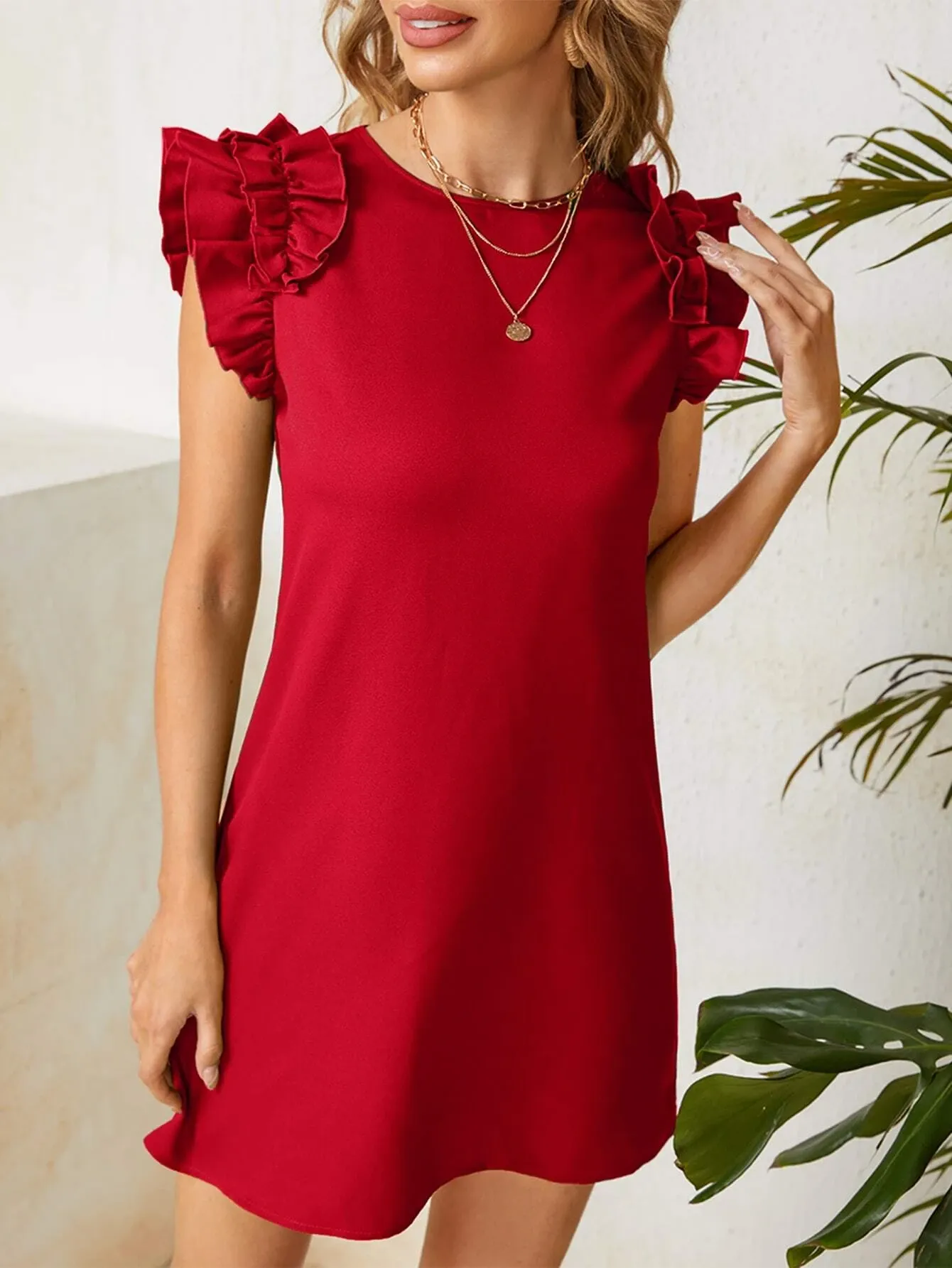 Ruffle Trim Solid Tunic Dress