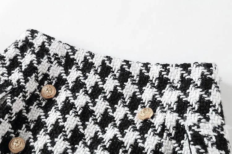 Runway Designer Skirt  Lion Buttons Double Breasted Tweed Wool Houndstooth Mini Skirt