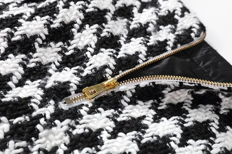 Runway Designer Skirt  Lion Buttons Double Breasted Tweed Wool Houndstooth Mini Skirt