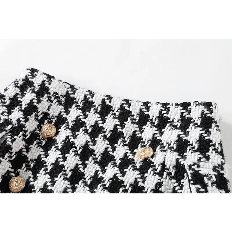 Runway Designer Skirt  Lion Buttons Double Breasted Tweed Wool Houndstooth Mini Skirt